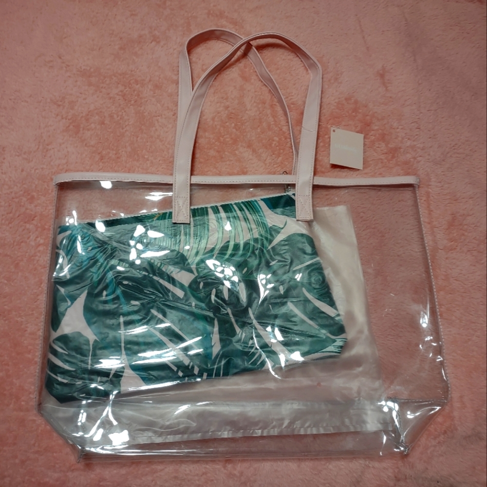 NWT Clear/Pink Plastic Tote Bag w/ 🌴 Makeup Bag